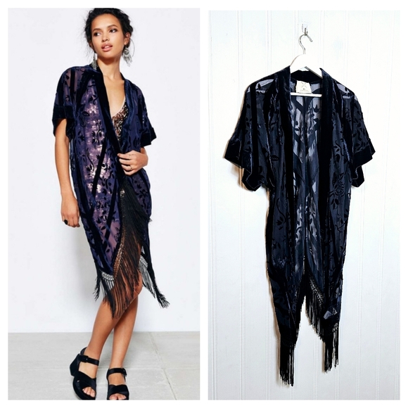 Pins & Needles Other - Pins & Needles Blue Velvet Burnout Sheer Fringe Kimono Open Front Womens M/L